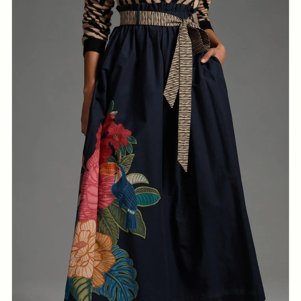 Anthropologie Farm Rio Tropical Maxi Skirt Floral Tie Bow Elastic Blue Motif - Picture 2 of 8